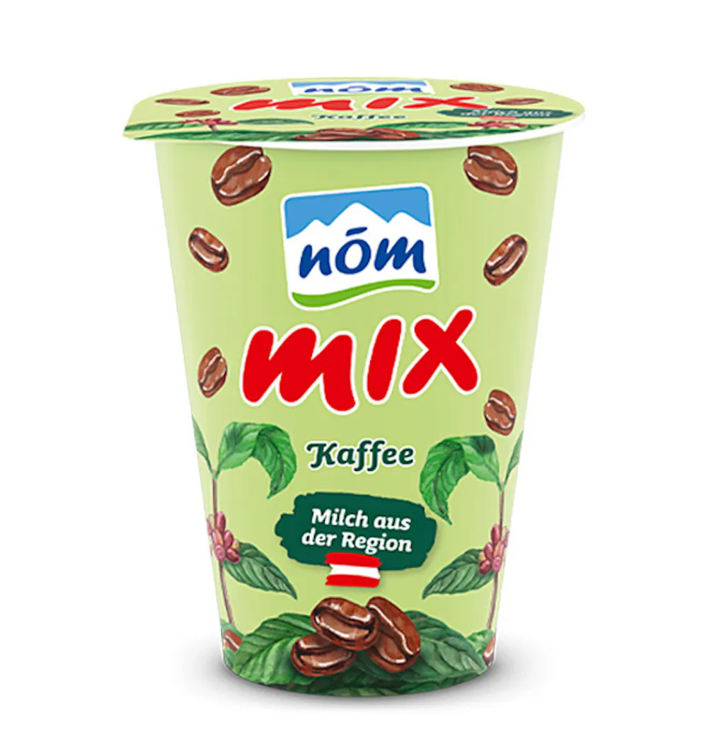 NÖM mix Kaffee im 180 g Kartonmantelbecher gezeichnet NÖM mix Kaffee im 180 g Kartonmantelbecher gezeichnet