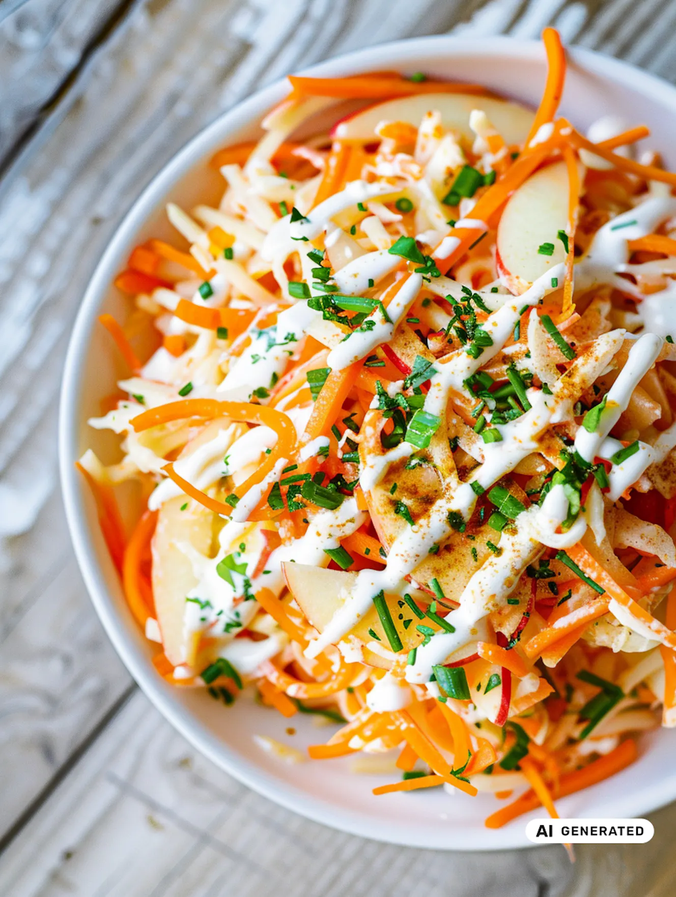 Schüssel mit Salat aus Karotten, Kraut und Apfelscheiben, garniert mit Schnittlauch und cremigem Dressing auf Holzfläche. - teilweise KI-generiert