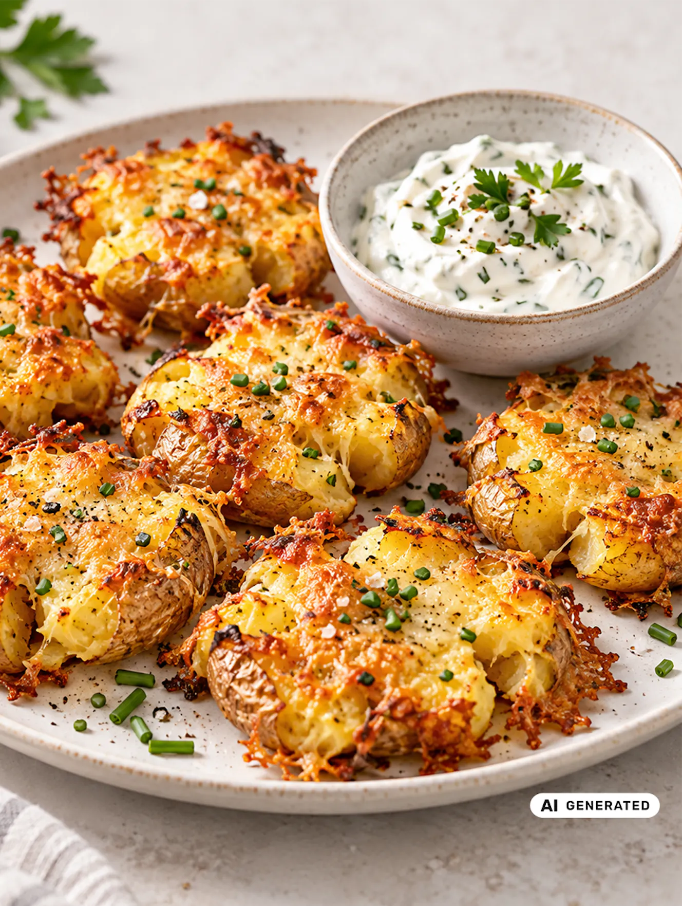 Mit Käse überbackene Kartoffel Smasher mit Skyr-Kräuter-Dip - teilweise KI-generiert
