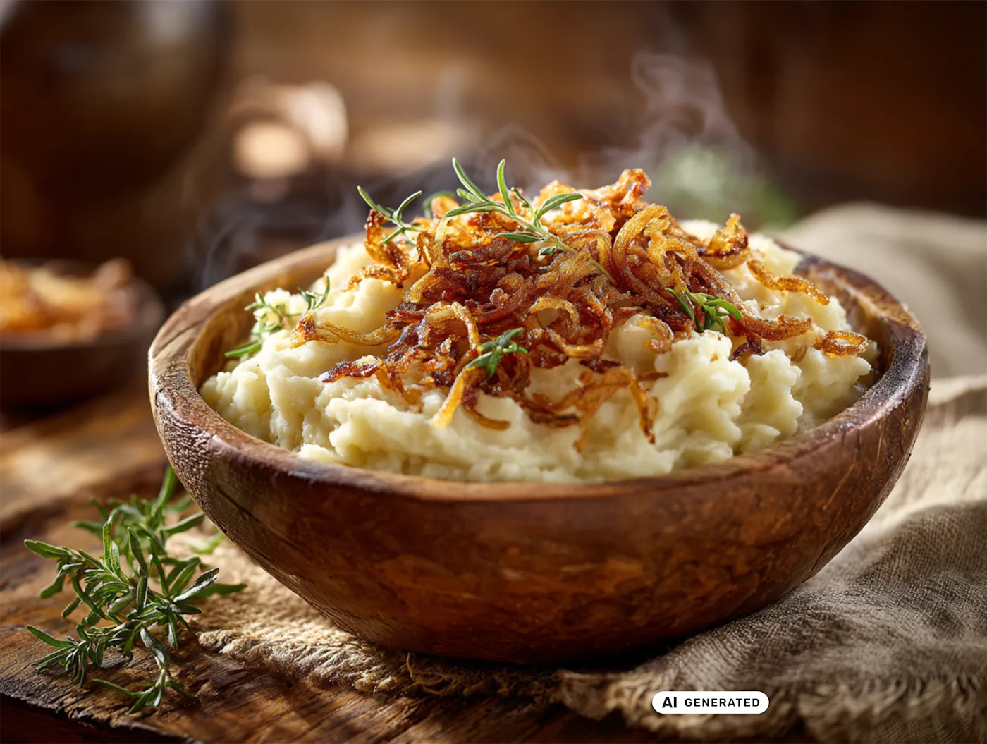 Cremiges Kartoffelpüree mit goldbraunen Röstzwiebeln, garniert mit frischen Kräutern – serviert in einer rustikalen Holzschale. Ein herzhaftes Wohlfühlgericht, perfekt für gemütliche Abende und deftige Hausmannskost. - teilweise KI-generiert