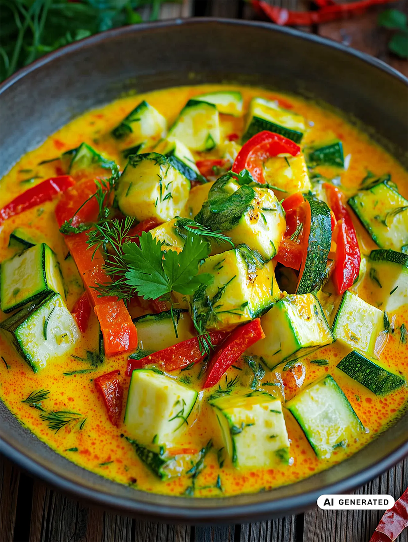 Würfel aus Zucchini und Paprika in gelber Sauce mit frischen Kräutern garniert – ein buntes, würziges Gemüsegericht. - teilweise KI-generiert