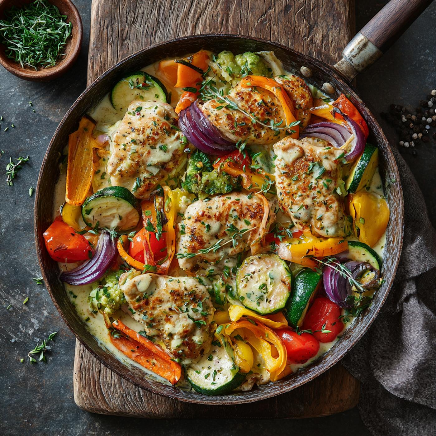 Kefir Hähnchen in Pfanne auf Holzbrett Pfanne mit gebratenen Hühnerbruststücken, buntem Gemüse wie Paprika, Zucchini, Brokkoli und frischen Kräutern.