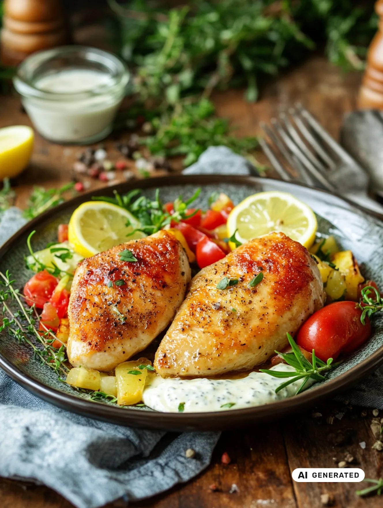 Gegrillte Hähnchenbrust mit Zitronenscheiben und Kräutern, serviert mit Gemüsewürfeln und cremiger Sauce auf rustikalem Holztisch.