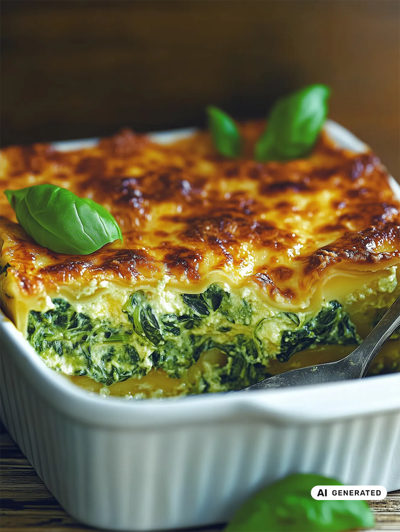 Lasagne mit goldbrauner Käsekruste, sichtbaren Schichten aus Pasta, Spinatfüllung und frischem Basilikum als Garnitur. - teilweise KI-generiert