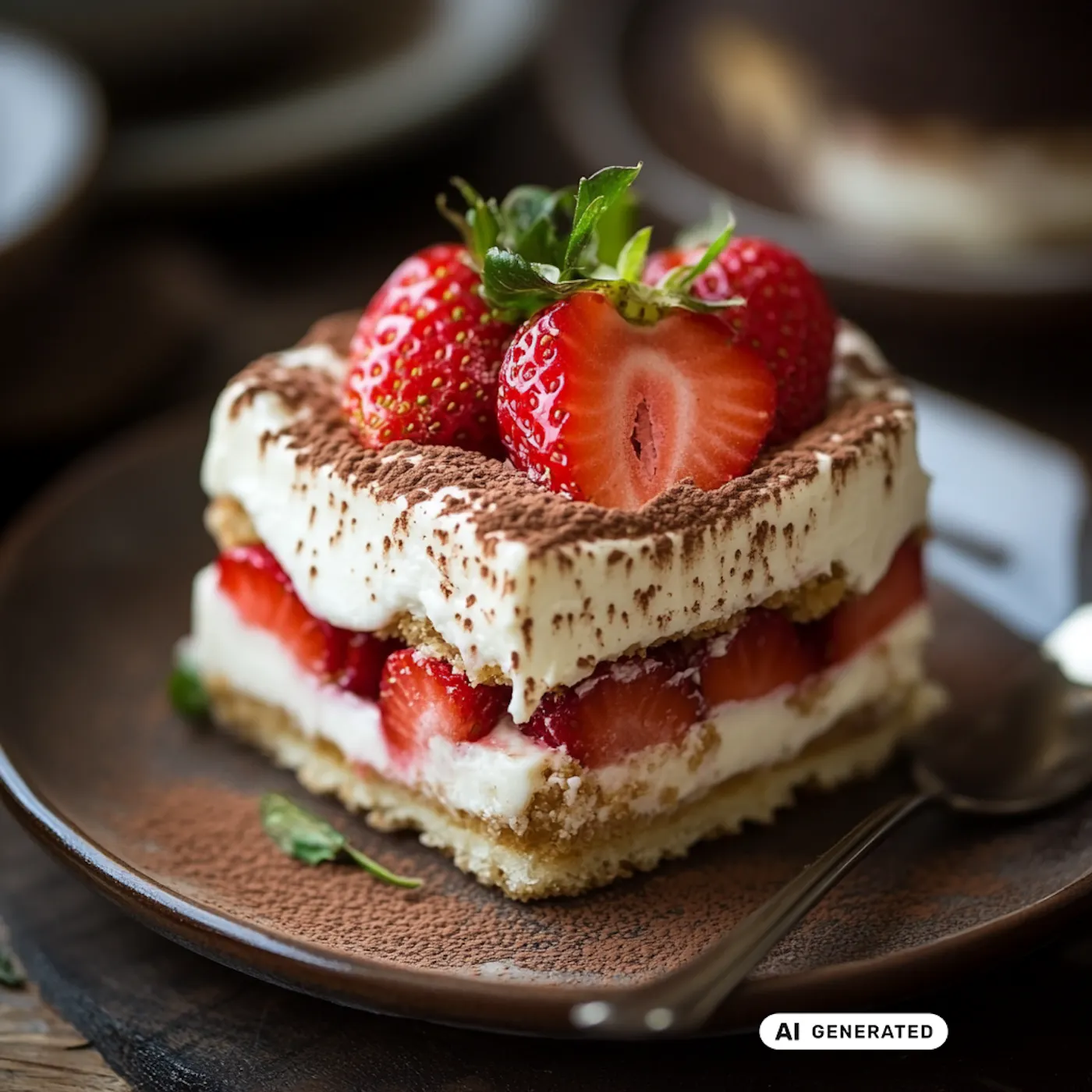 Erdbeer-Tiramisu mit Kakaopulver, frischen Erdbeeren und Minze auf geschichtetem Biskuit und Mascarpone. - teilweise KI-generiert