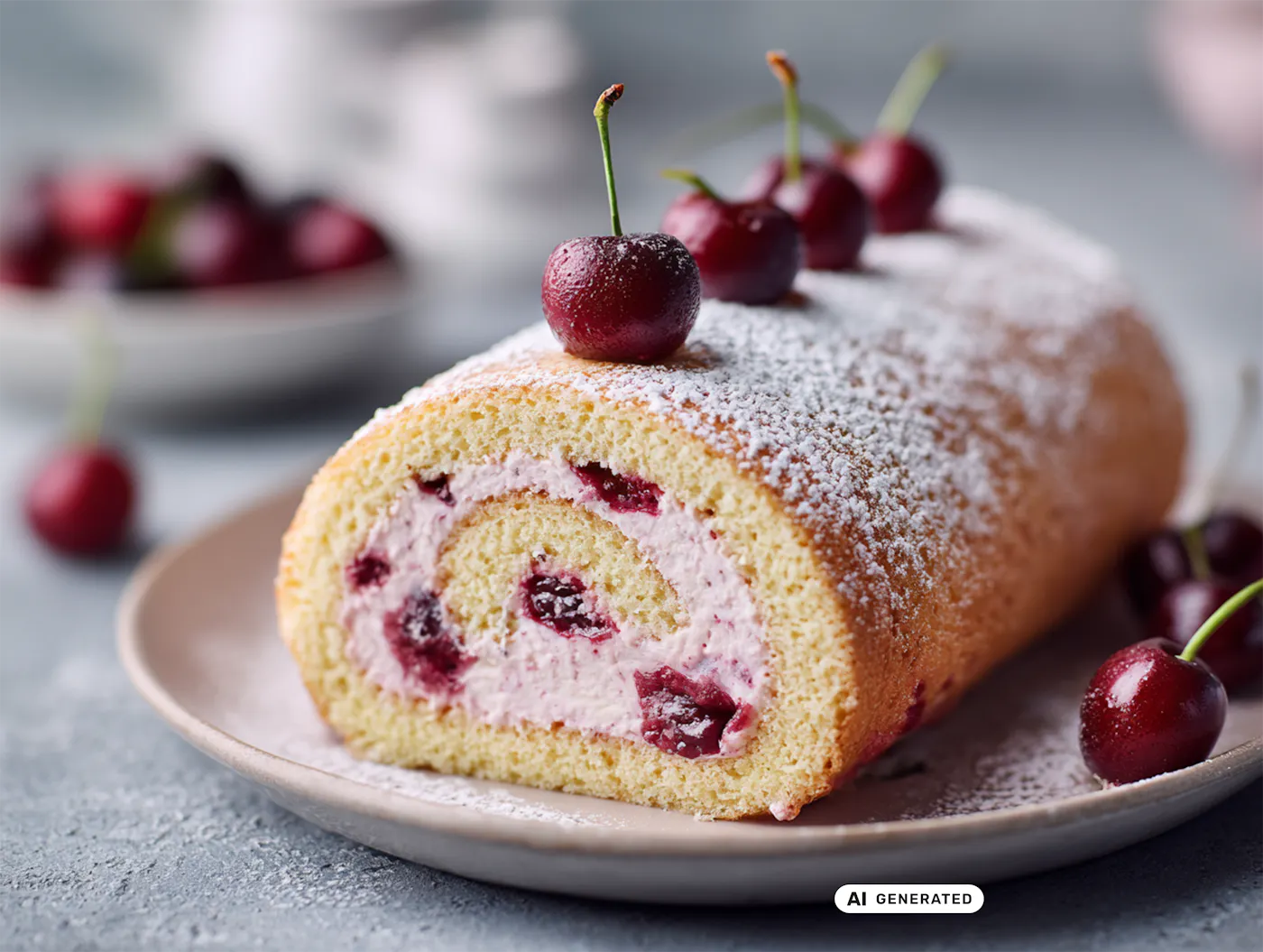 Eine Biskuitroulade gefüllt mit Kirschcreme und frischen Kirschen. - teilweise KI-generiert