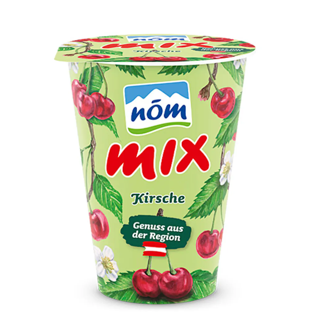 NÖM mix Kirsche im 180 g Kartonmantelbecher gezeichnet