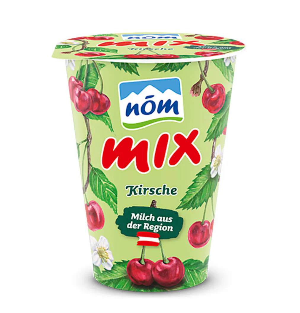 NÖM mix Kirsche im 180 g Kartonmantelbecher gezeichnet NÖM mix Kirsche im 180 g Kartonmantelbecher gezeichnet