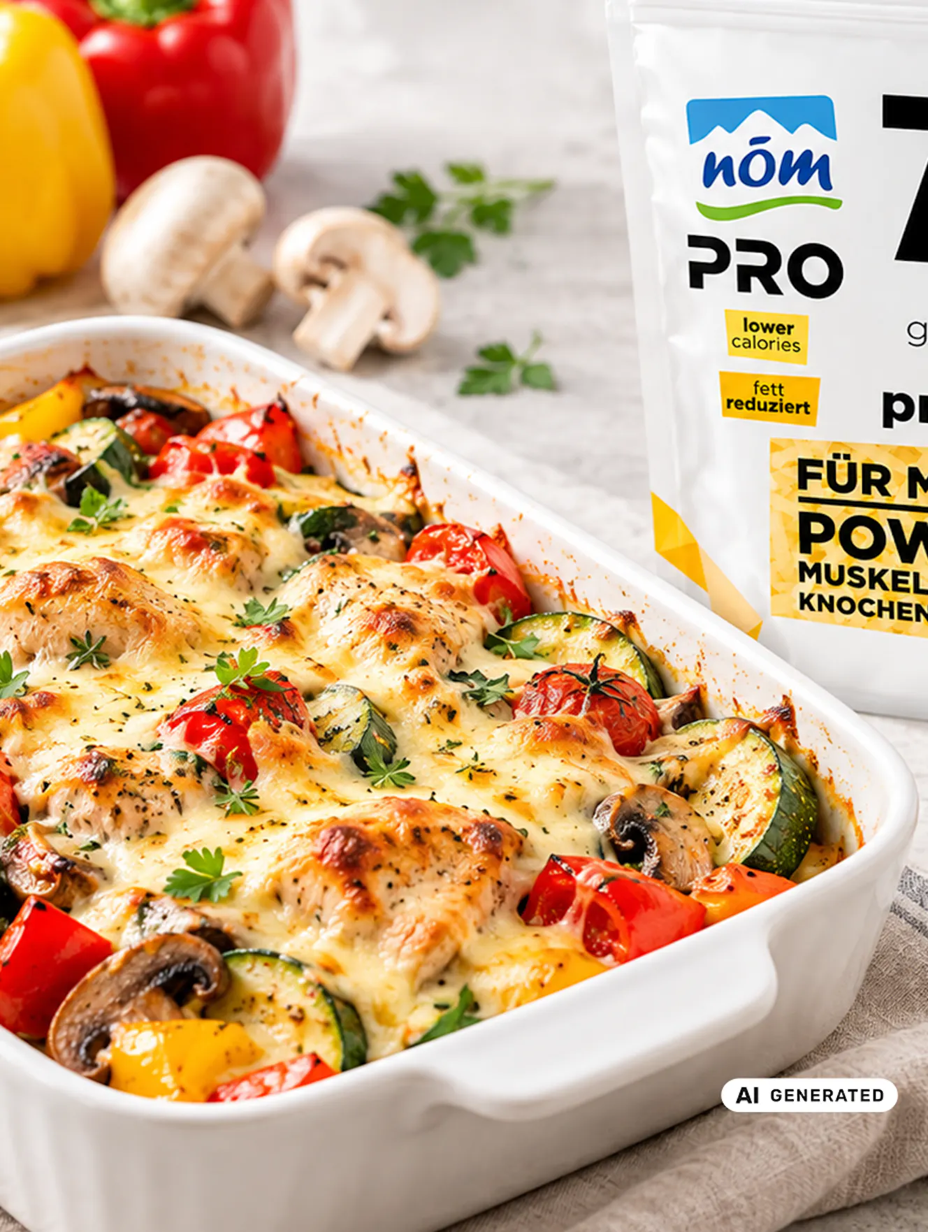 Low Carb Chicken & Veggie Bake mit viel Gemüse, goldbraun überbacken und in einer weißen Auflaufform