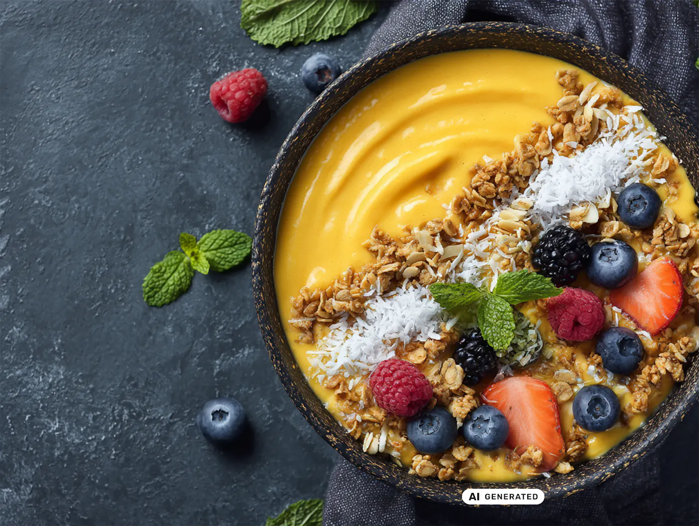 Eine Mango Smoothie Bowl in einer dunklen Schüssel getoppt mit Kokosflocken, Granola, frischen Beeren und etwas Minze