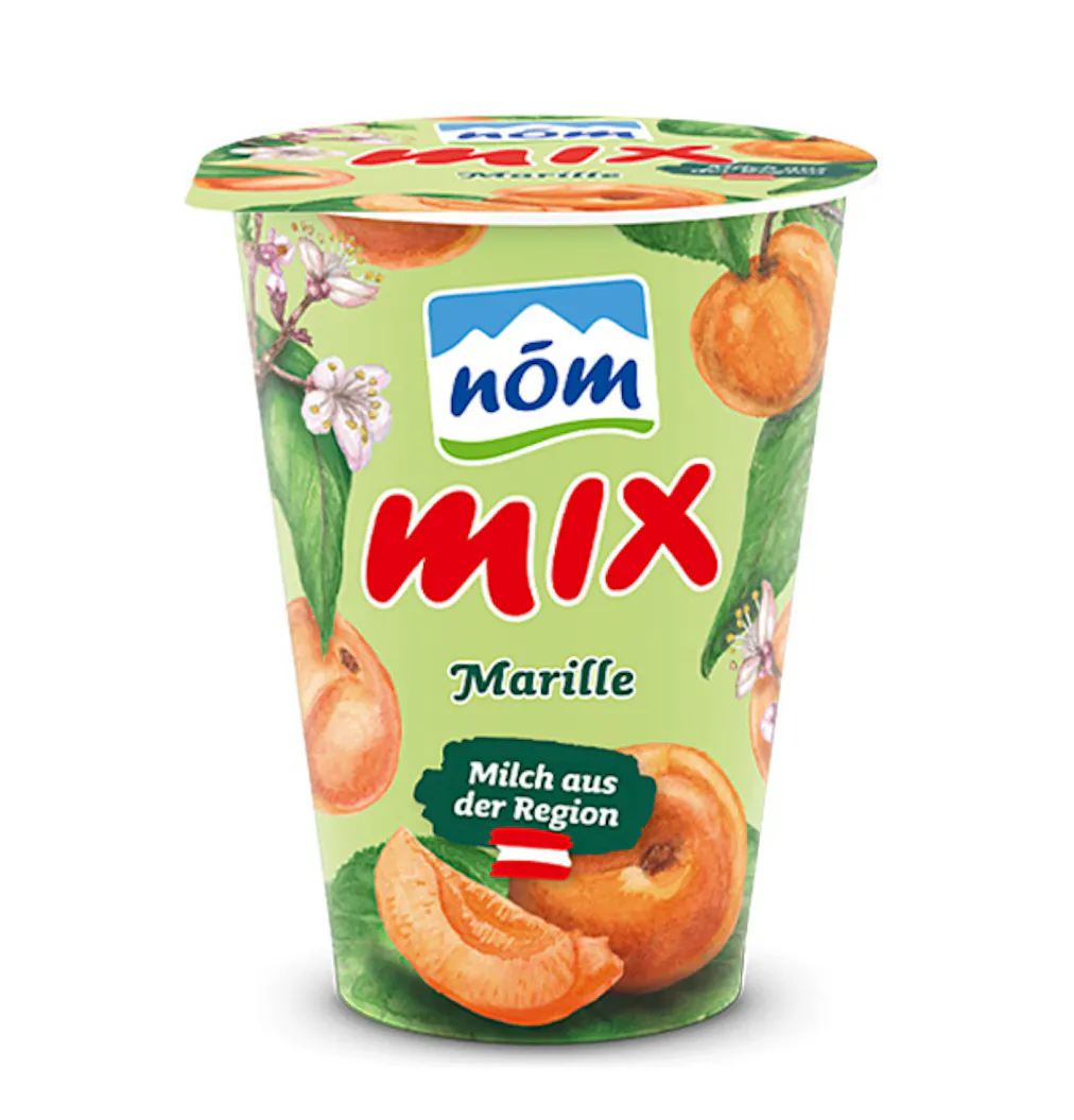 NÖM mix Marille im 180 g Kartonmantelbecher gezeichnet NÖM mix Marille im 180 g Kartonmantelbecher gezeichnet
