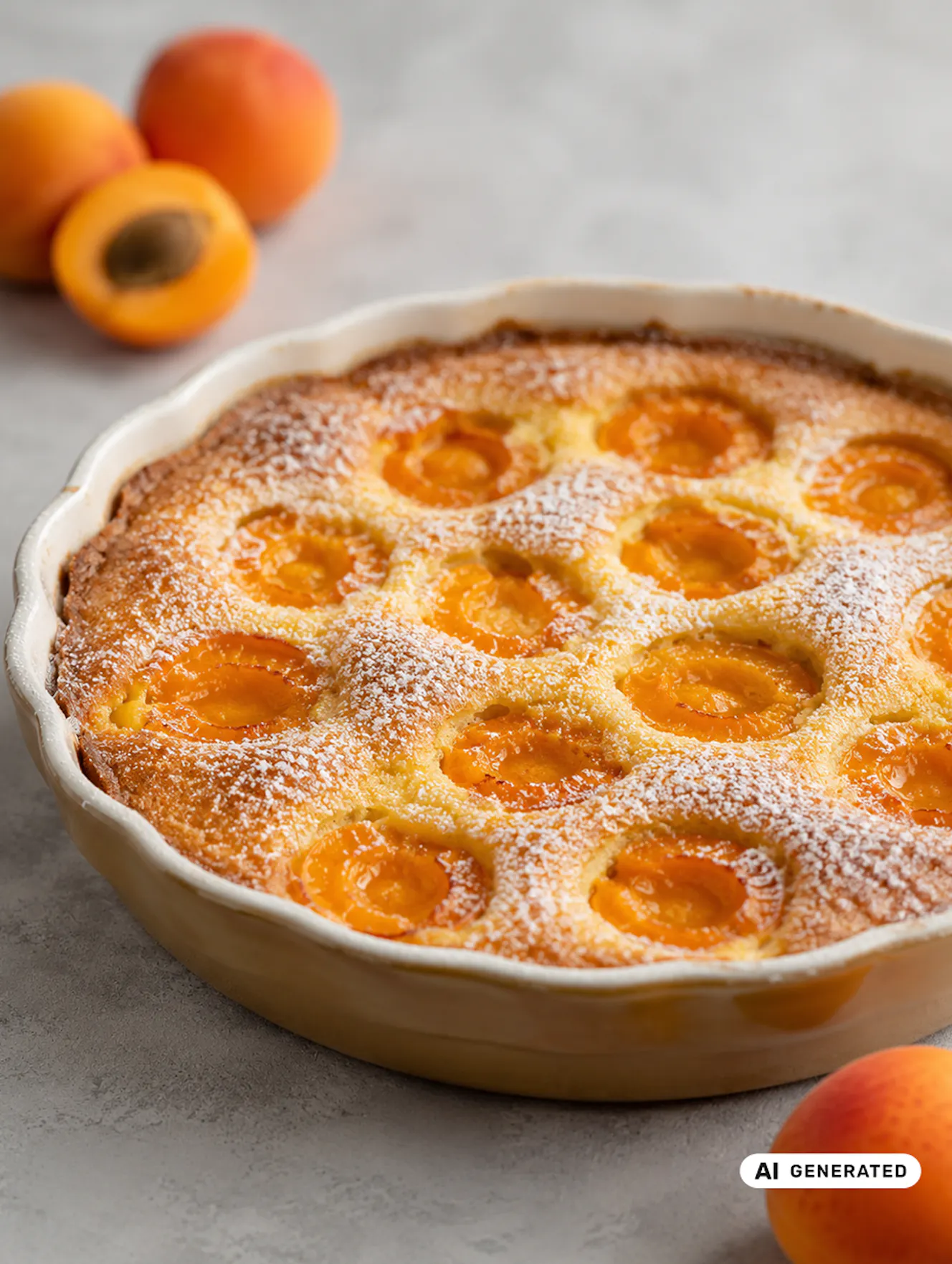 Goldbraunes Marillen-Clafoutis mit frischen Marillen und Staubzucker in einer runden Backform. - teilweise KI-generiert