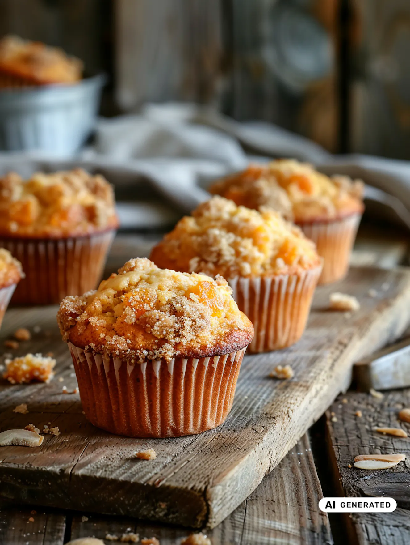 Frisch gebackene Muffins mit Streuseln auf rustikaler Holzfläche, nah aufgenommen und appetitlich arrangiert. - teilweise KI-generiert