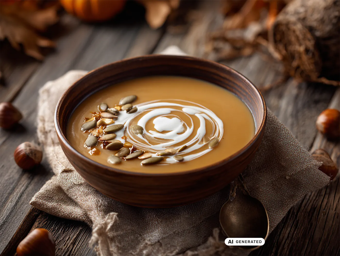 Eine braune Schüssel gefüllt mit Maroni-Apfel-Suppe getoppt mit Kürbiskernen auf einem Tisch voller herbstlicher Dekoration - teilweise KI-generiert