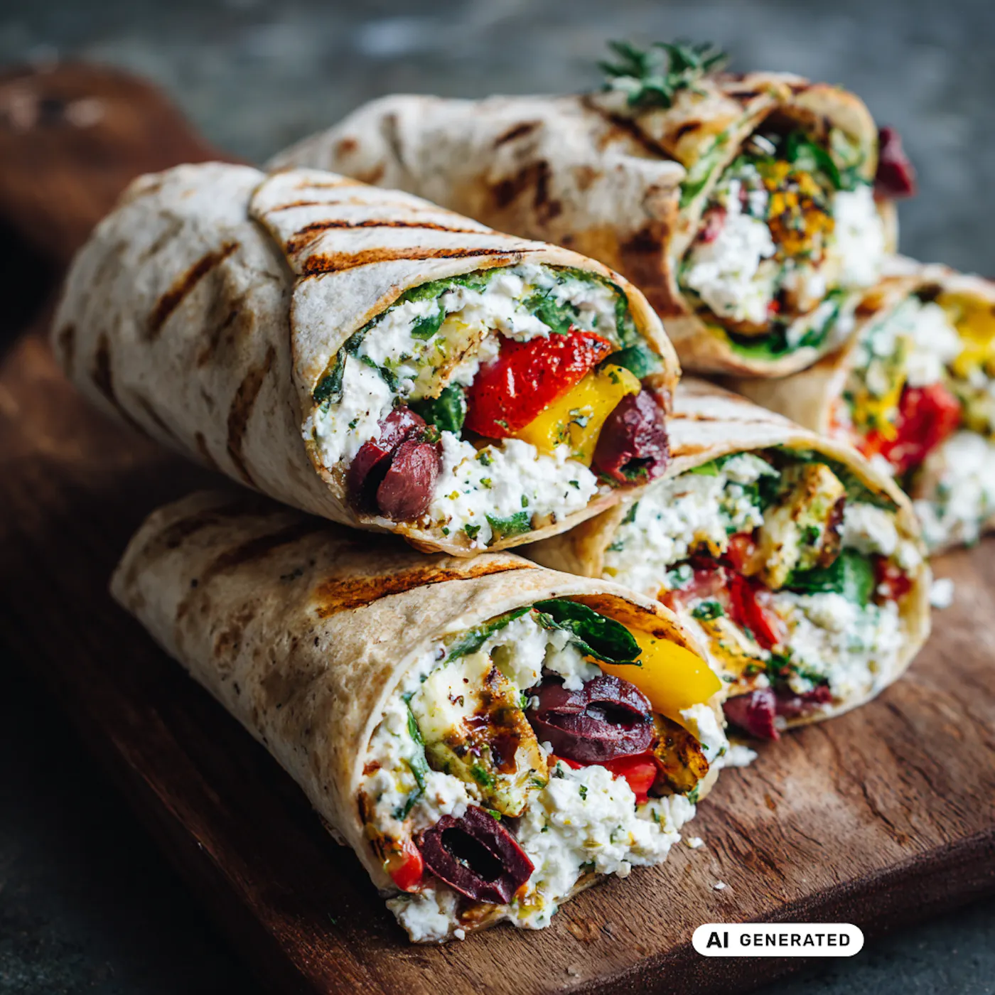 Vier gegrillte Wraps auf Holzbrett, gefüllt mit Paprika, Oliven, Spinat und Feta, bunt und frisch angerichtet. - teilweise KI-generiert