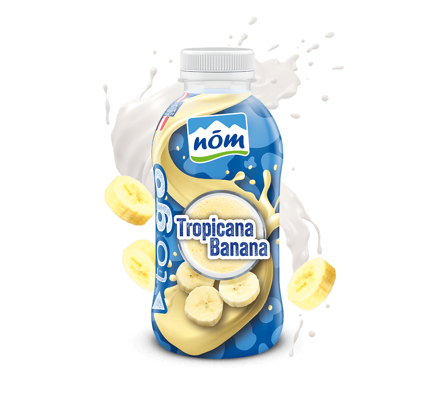 Blaue Flasche „Tropicana Banana“ mit Bananenscheiben und Milchspritzer im Hintergrund.