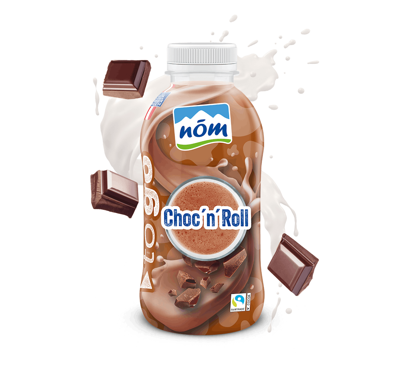 Neue braune Flasche „NÖM SCHOKO MILCH to go“ mit Schokoladenstücken und Milchspritzern – Label zeigt Fairtrade- und andere Zertifikate.