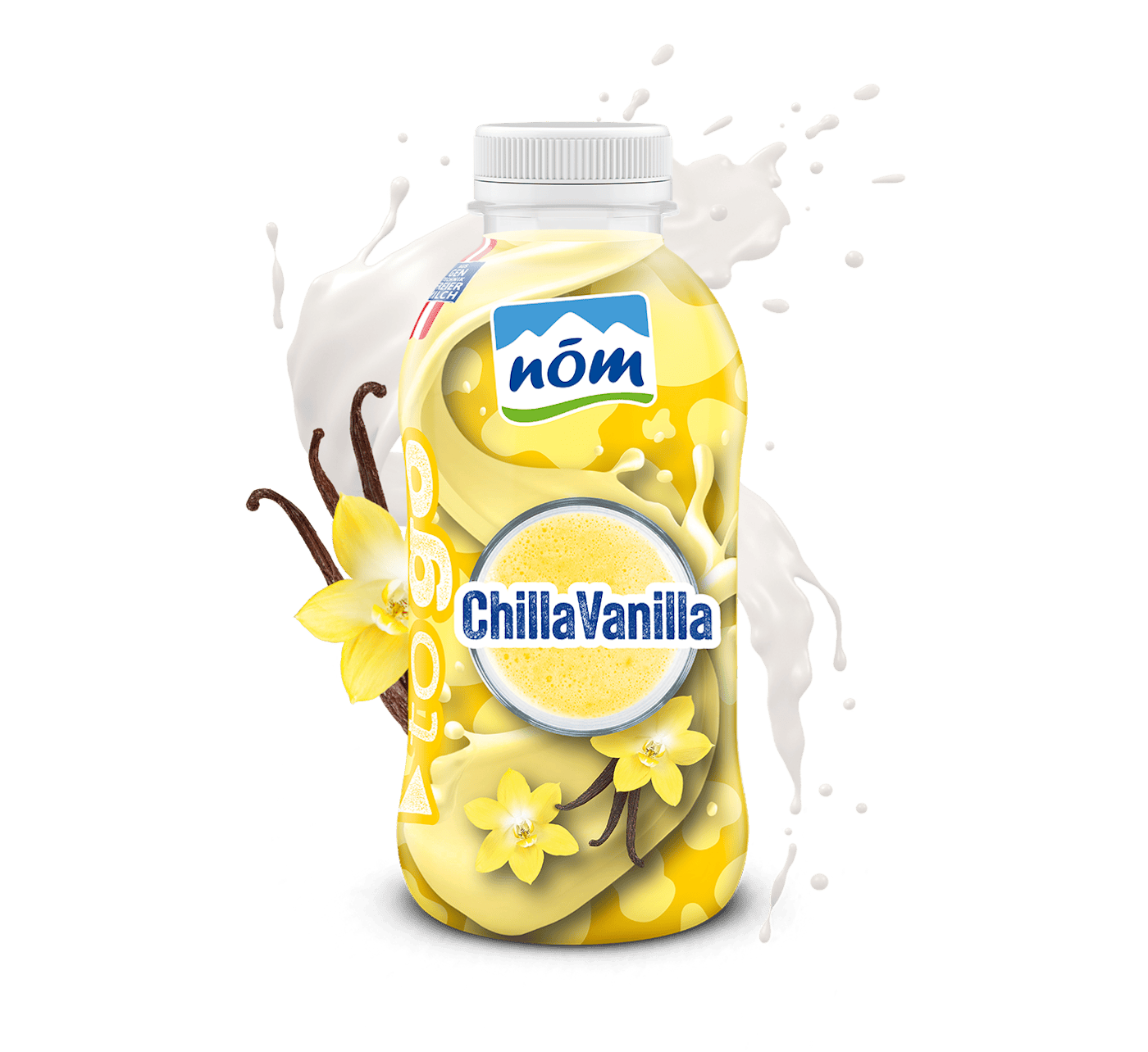 Gelbe Flasche „NÖM VANILLE MILCH to go“ mit Abbildungen von Vanilleblüten und -schoten sowie einem Milchspritzer im Hintergrund. Gelbe Flasche „NÖM VANILLE MILCH to go“ mit Abbildungen von Vanilleblüten und -schoten sowie einem Milchspritzer im Hintergrund.