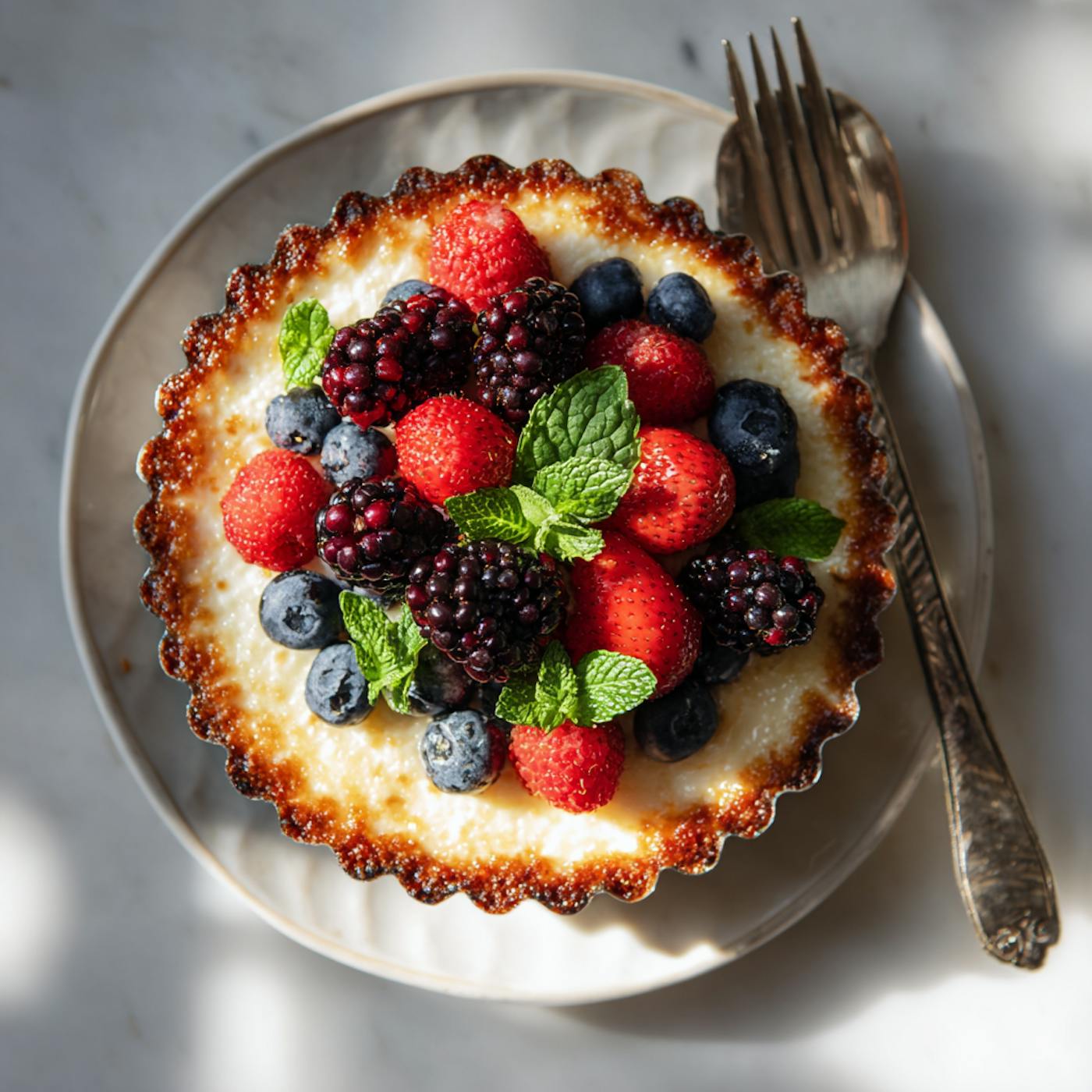Milchreis-Tarte auf einem Teller, dekoriert mit frischen Beeren Milchreis-Tarte auf einem Teller, dekoriert mit frischen Beeren