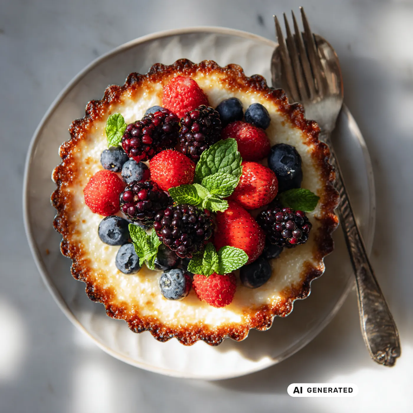 Milchreis-Tarte auf einem Teller, dekoriert mit frischen Beeren - teilweise KI-generiert