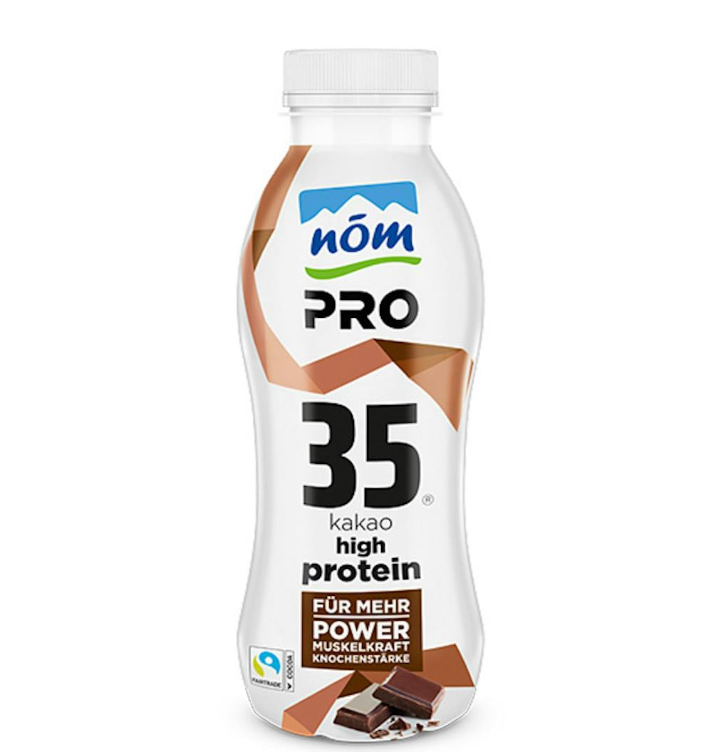 NÖM PRO High-Protein-Drink mit Kakaogeschmack – Flasche mit Aufschrift ‚35g Protein, Kakao, high protein