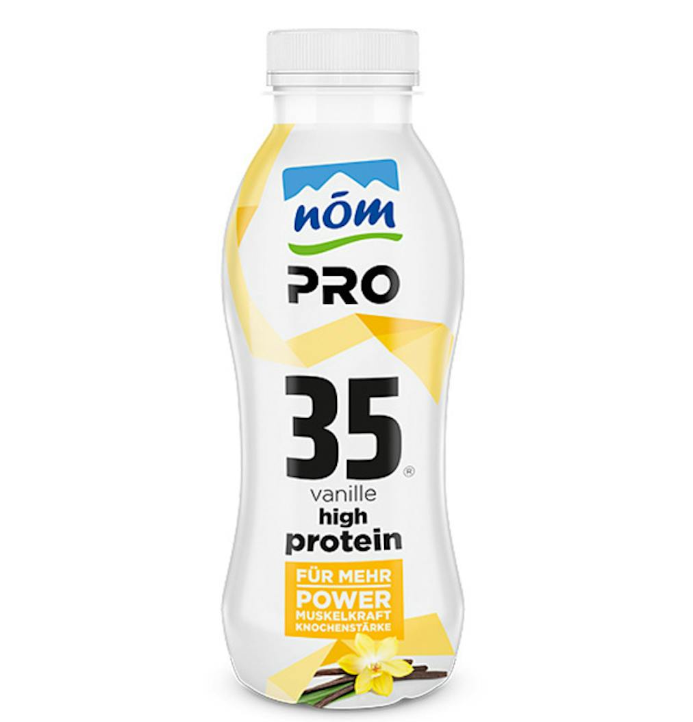 NÖM PRO High-Protein-Drink mit Vanillegeschmack – weiße Flasche mit ‚35g Protein‘-Aufdruck neu