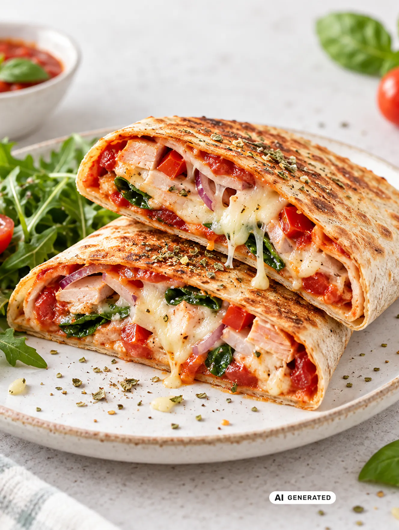 Aufgeschnittener Pizza-Wrap mit Hähnchen, Tomaten, Spinat, roten Zwiebeln und geschmolzenem Käse auf einem Teller, serviert mit Rucola und Kräutern. - teilweise KI-generiert