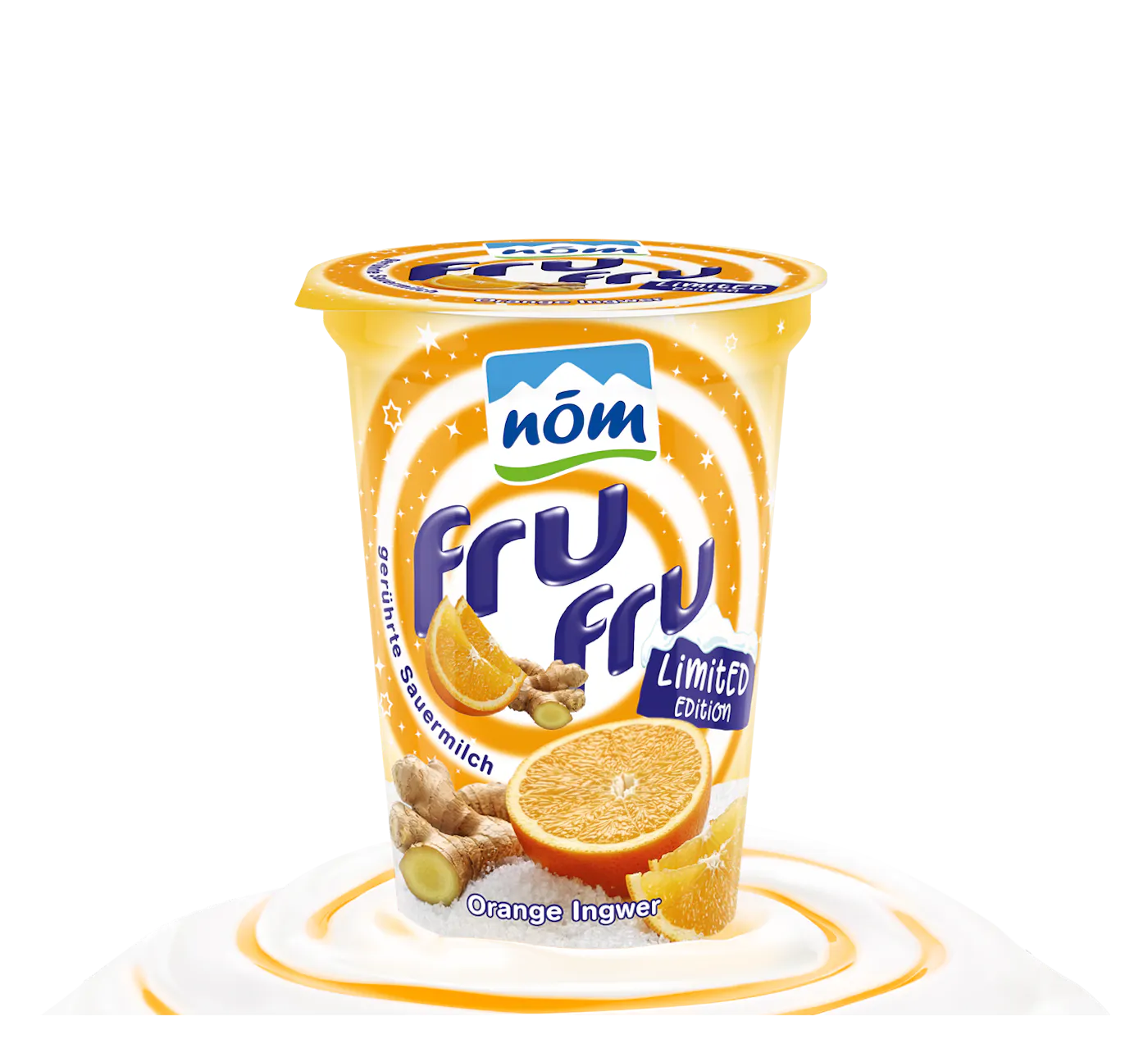 NÖM fru fru Limited Edition Orange Ingwer Ein Becher NÖM fru fru Limited Edition Orange Ingwer auf einem Berg aus Joghurt mit einem orangenen Wirbel