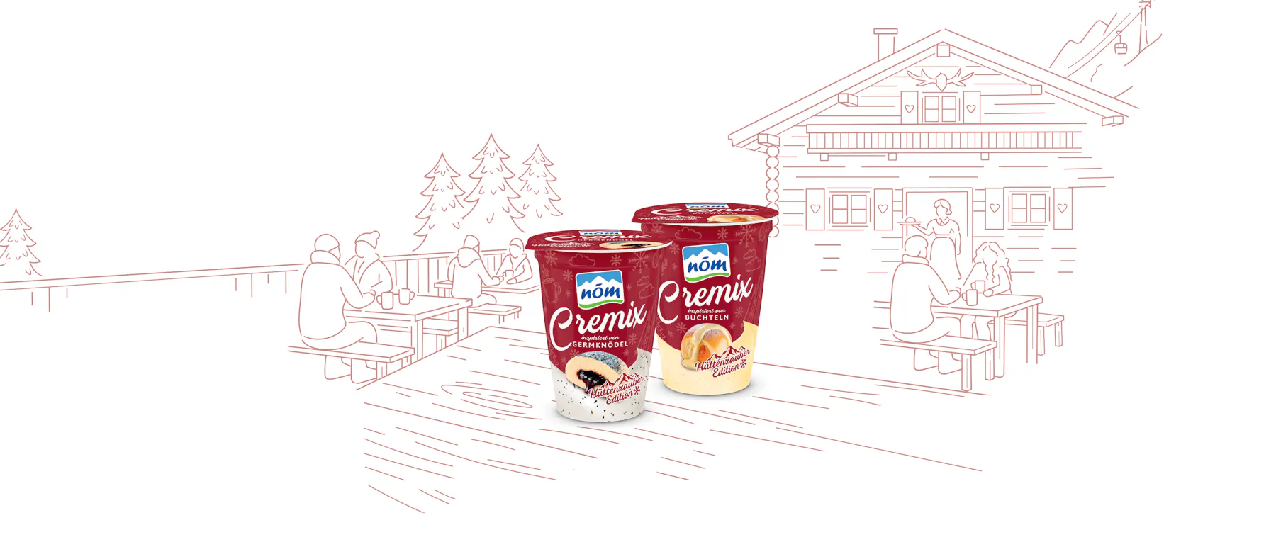 Header_Cremix_Hüttenzauber Cremix Hüttenzauber Edition Becher vor einer illustrierten Berghütte