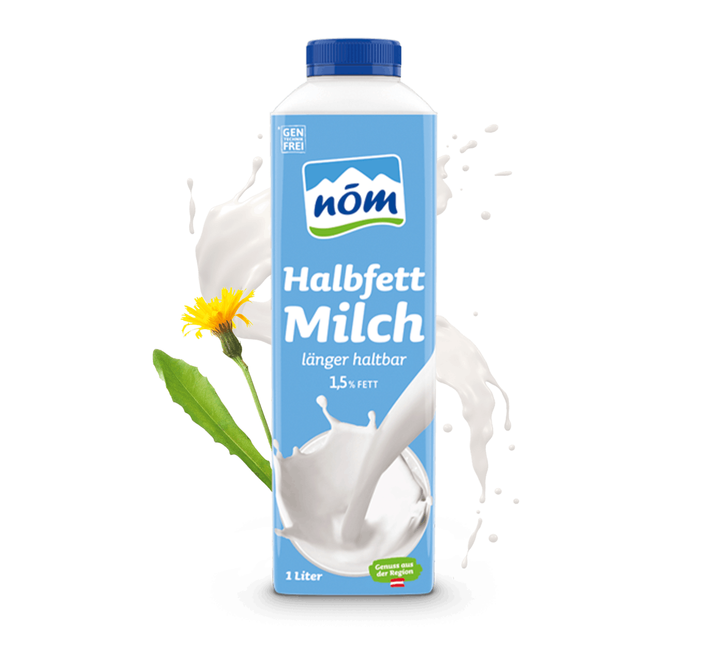 NÖM Halbfettmilch länger frisch in 1 Liter Tetra Pak mit Blumen NÖM Halbfettmilch länger frisch in 1 Liter Tetra Pak mit Blumen