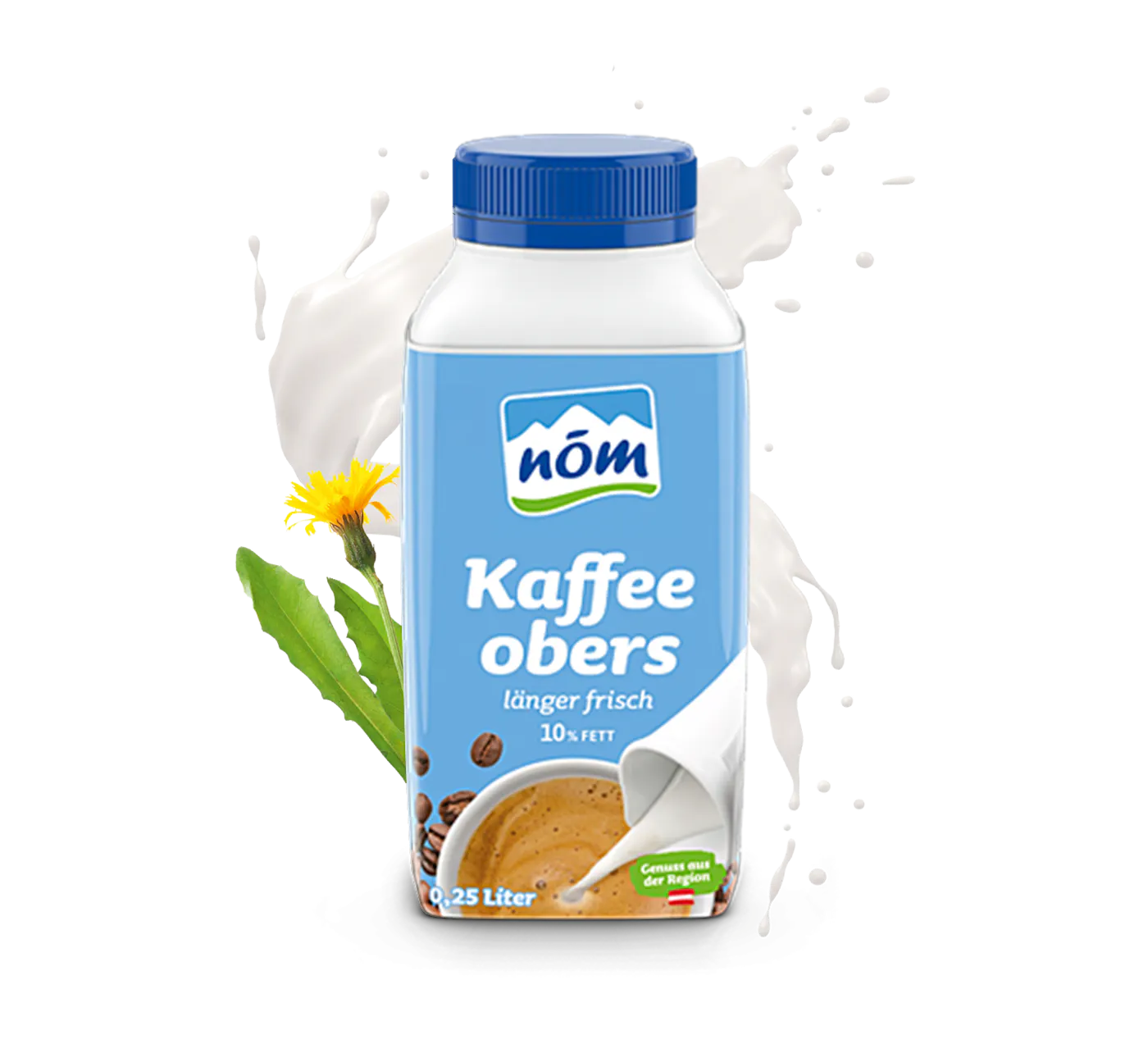 NOEM Kaffeeobers in 250 ml Tetra Pak mit Blumen neu Eine hellblaue Packung NÖM Kaffeeobers, auf der Kaffee und Kaffeebohnen abgebildet sind