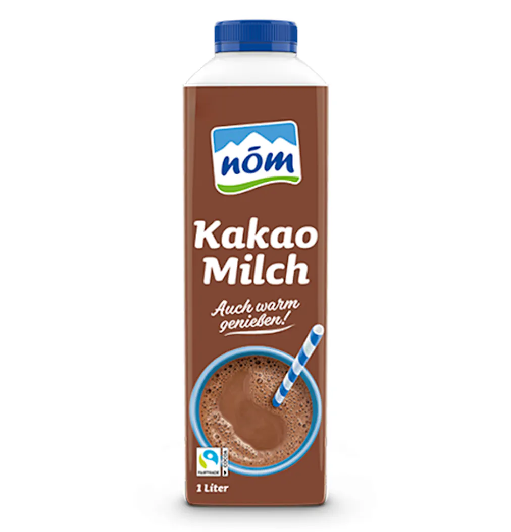 NÖM Kakaomilch in der 1 Liter Verpackung mit Fairtrade Logo