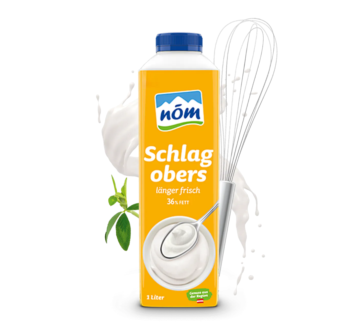 NOEM Schlagobers in 1 Liter Tetra Pak mit Blumen 36 Eine gelbe Packung NÖM Schlagobers 1 Liter mit 36 % Fettgehalt umgeben von einem Schneebesen, einem Milchswirl und einer grünen Pflanze