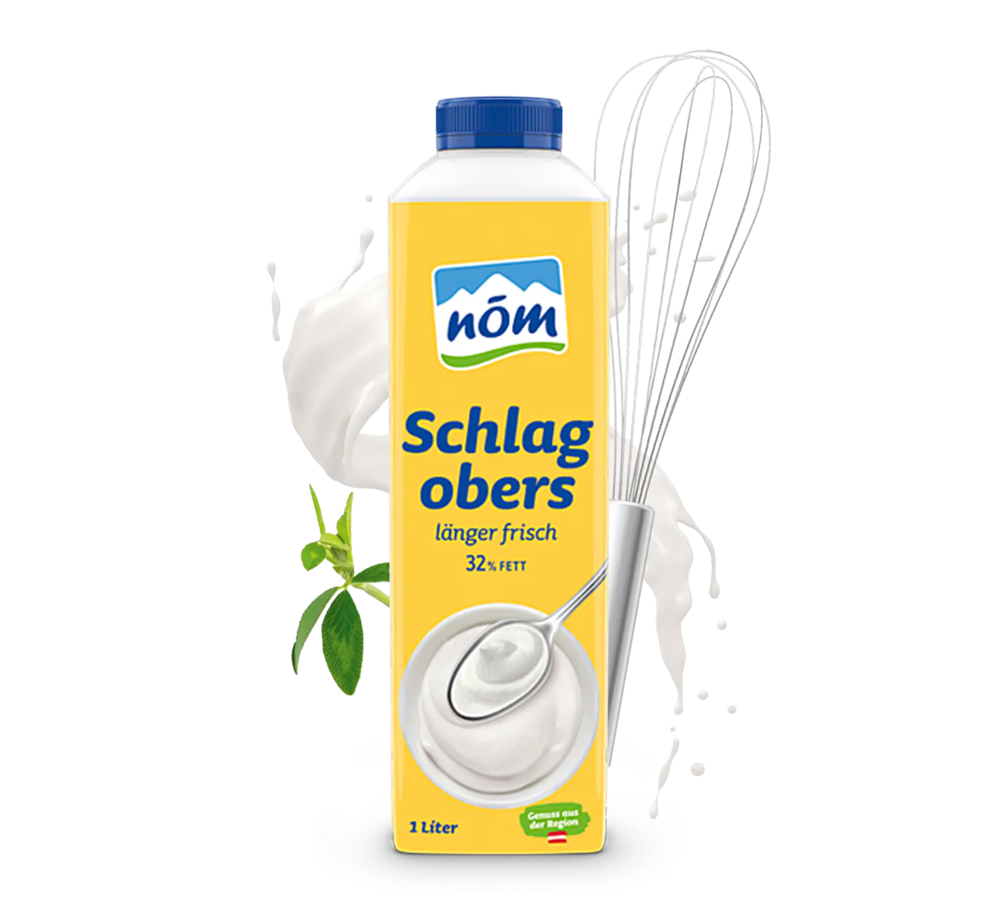 NOEM Schlagobers in 1 Liter Tetra Pak mit Blumen neu Eine gelbe Packung NÖM Schlagobers mit einem Fettgehalt von 32% umgeben von einem Milchswirl, einem Schneebesen und einer grünen Pflanze