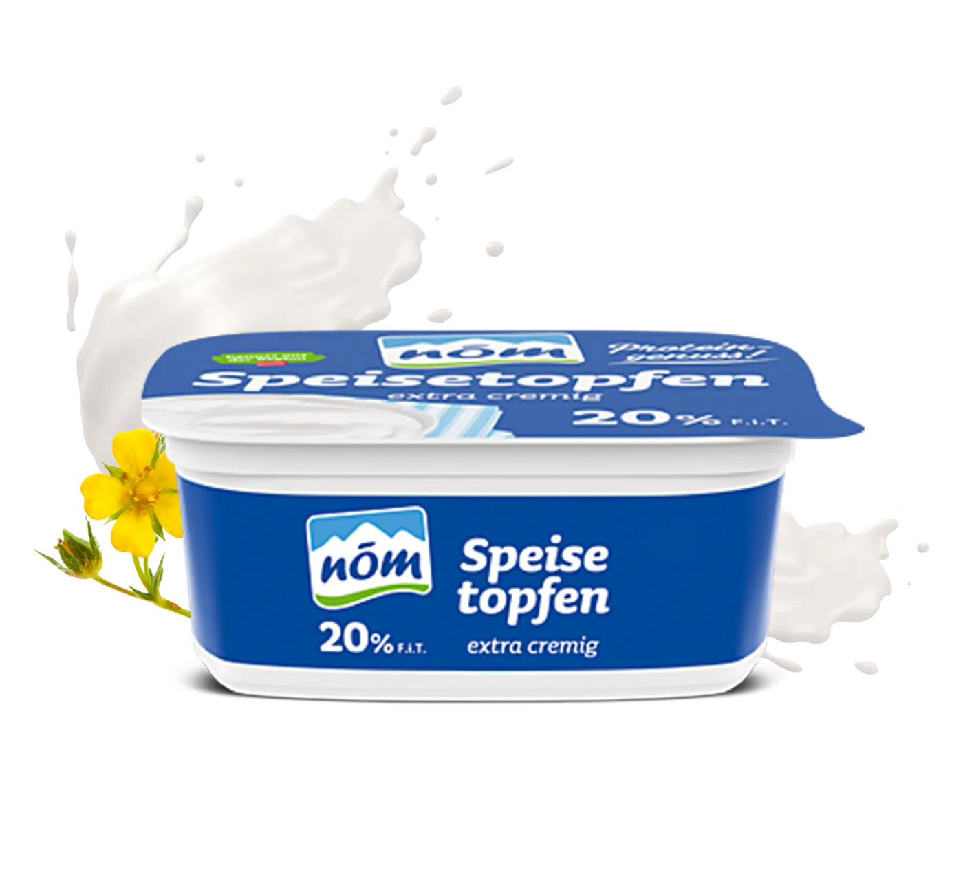NOEM Speisetopfen mit Blumen Eine Packung NÖM Speisetopfen 20 % in einer blauen Verpackung. Außerdem ist eine gelbe Blume und ein Milchswirl zu sehen