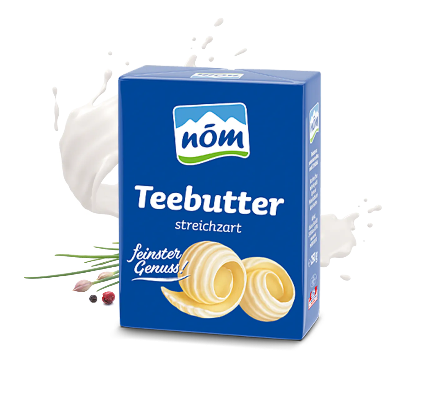 NOEM Teebutter in 250 g Folie mit Schnittlauchblumen Blaue Verpackung der NÖM Teebutter streichzart 250g – Aufschrift ‚Feinster Genuss‘ mit Abbildung von zwei Butterröllchen mit Schnittlauchblumen