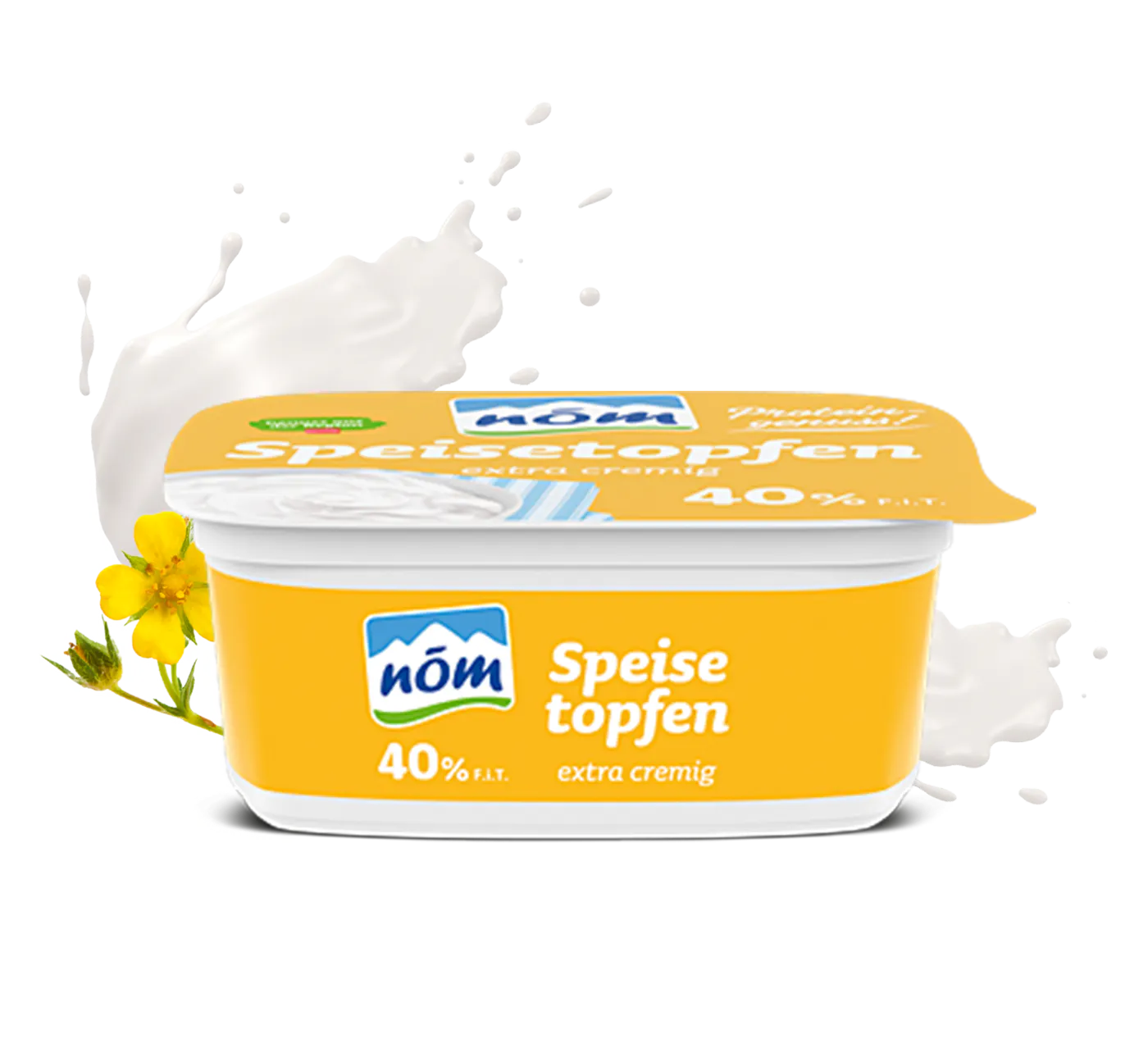 NOEM Topfen in 250 g Becher mit Blumen 40 Eine Packung NÖM Speisetopfen 40 % in einer gelben Verpackung umgeben von einem Milchswirl und einer gelben Blume