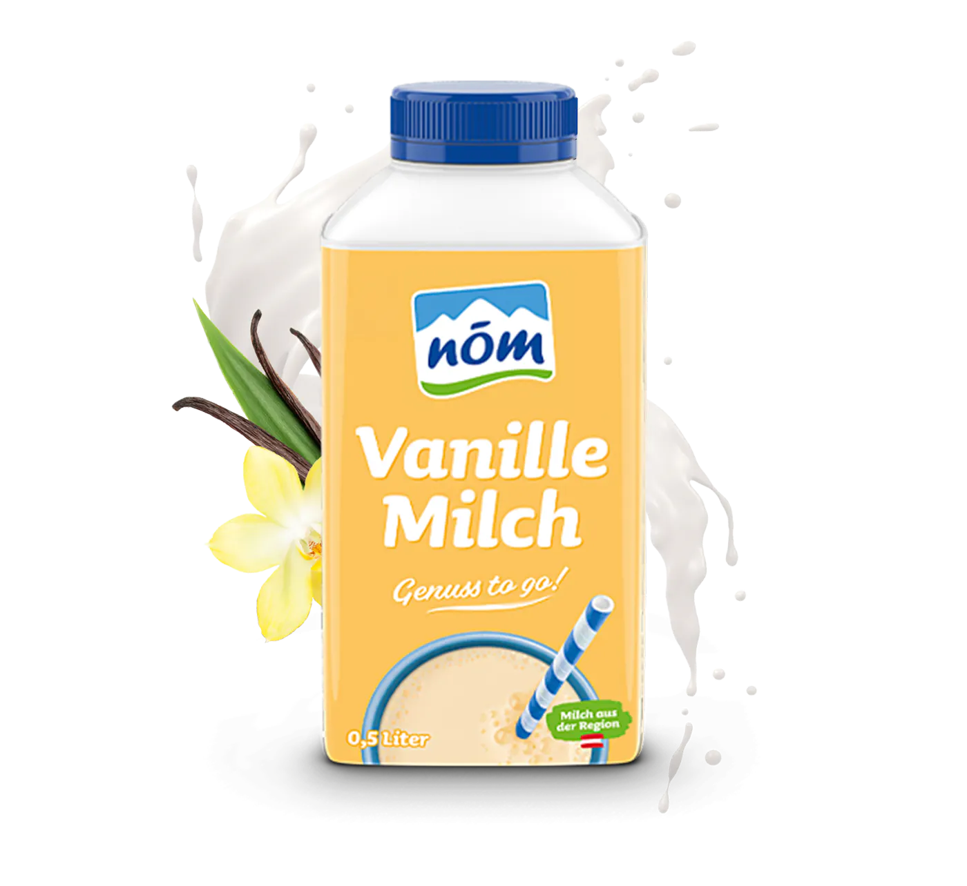 NOEM Vanillemilch in 500 ml Tetra Pak mit Blumen neu Eine gelbe Packung NÖM Vanillemilch 500 ml mit einem blau-weiß gestreiften Strohhalm umgeben von einer Vanilleblüte, einem Milchswirl und Vannilleschoten