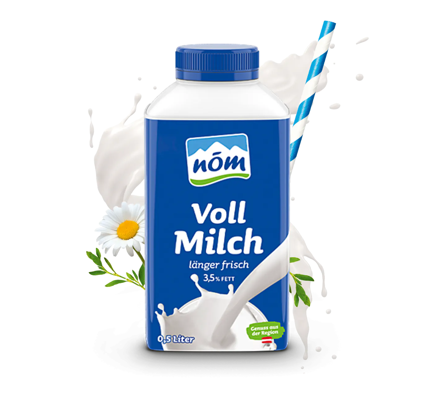 NOEM Vollmilch 500 ml im Tetra Pak mit Blumen Ein blaues Tetra Pak NÖM Vollmilch 500 ml inklusive Blumen