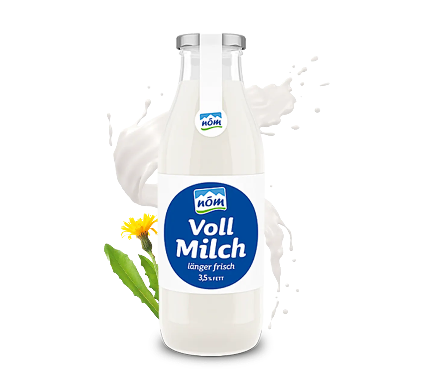 NÖM Vollmilch länger frisch Glasflasche mit Blumen