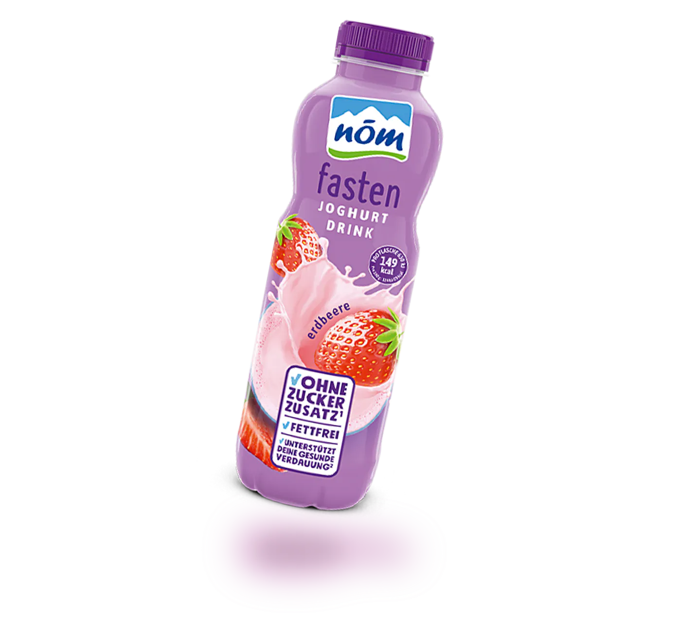 NOEM fasten Joghurtdrink Erdbeere Lila Flasche NÖM fasten Joghurt Drink Erdbeere mit Erdbeer- und Joghurtabbildung, beschriftet mit „OHNE ZUCKERZUSATZ* FETTARM“ neu