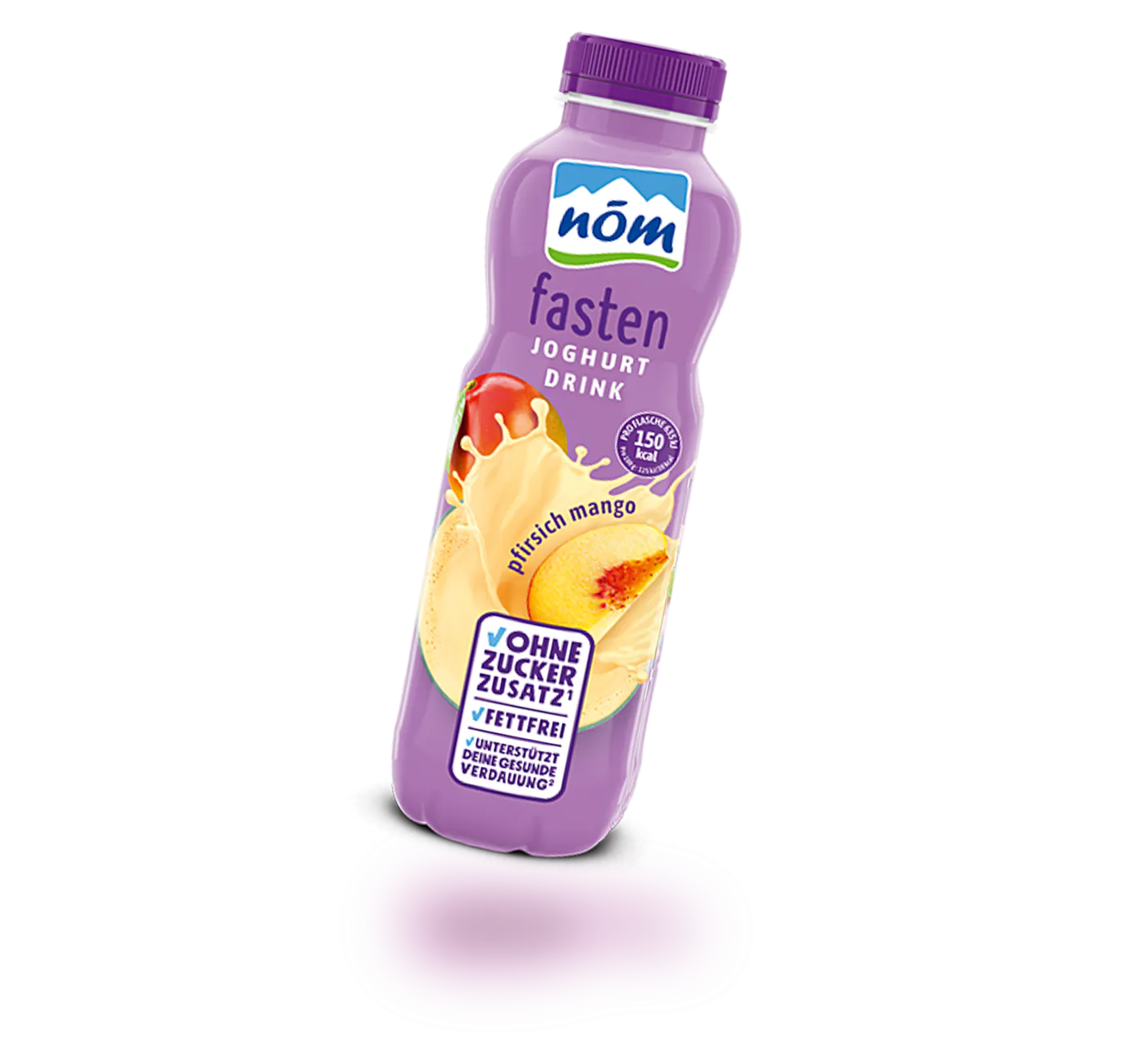NOEM fasten Joghurtdrink Mango Pfirsich Lila Flasche NÖM fasten Joghurt Drink Pfirsich Mango mit Fruchtabbildung und Aufschrift