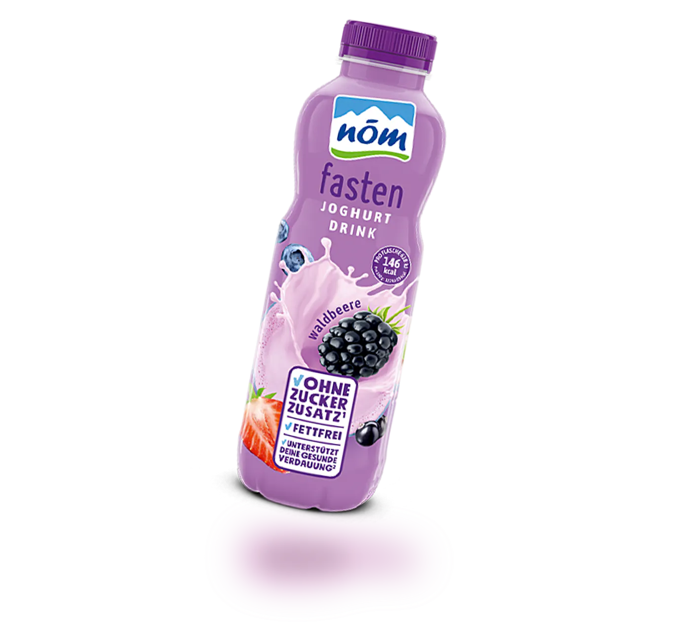 Lila Flasche NÖM fasten Joghurt Drink Waldbeere, „OHNE ZUCKERZUSATZ & FETTFREI“ neu
