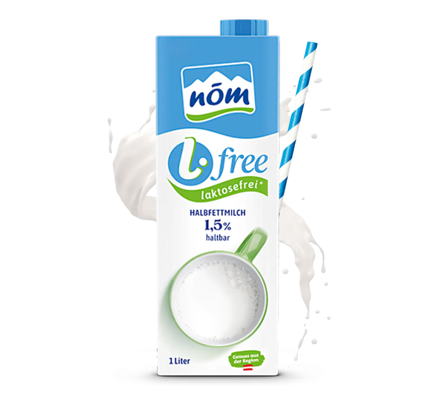 NOEM l free Haltbarmilch laktosefreie in der 1 Liter Verpackung NÖM l.free Haltbar-Milch 1 Liter mit der Abbildung einer Tasse voller Milch und einem Milchsplash