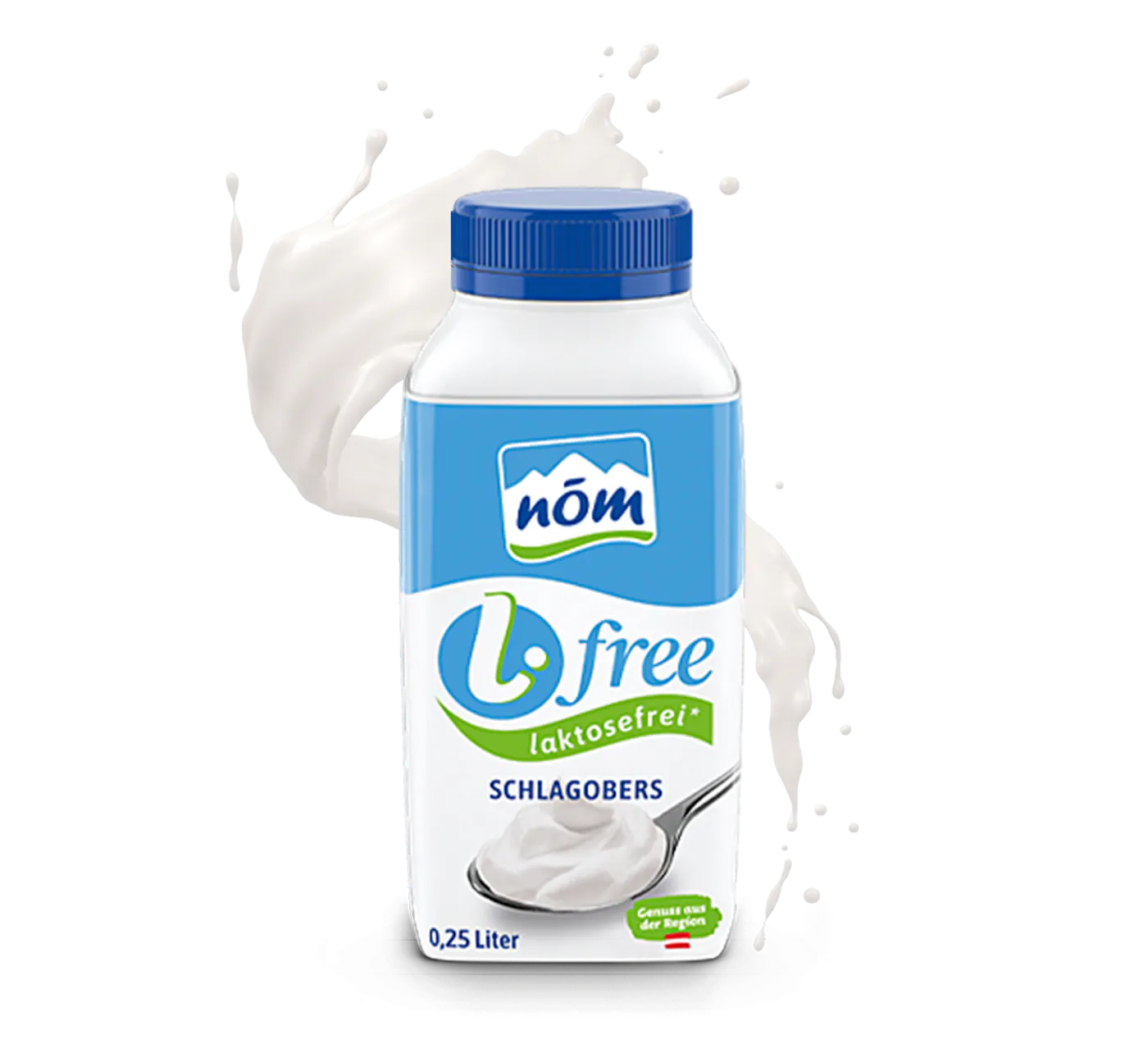 NÖM l.free Schlagobers 250 g in einem Tetra Pak in den Farben Blau, Weiß und Grün umgeben von einem Milchsplash