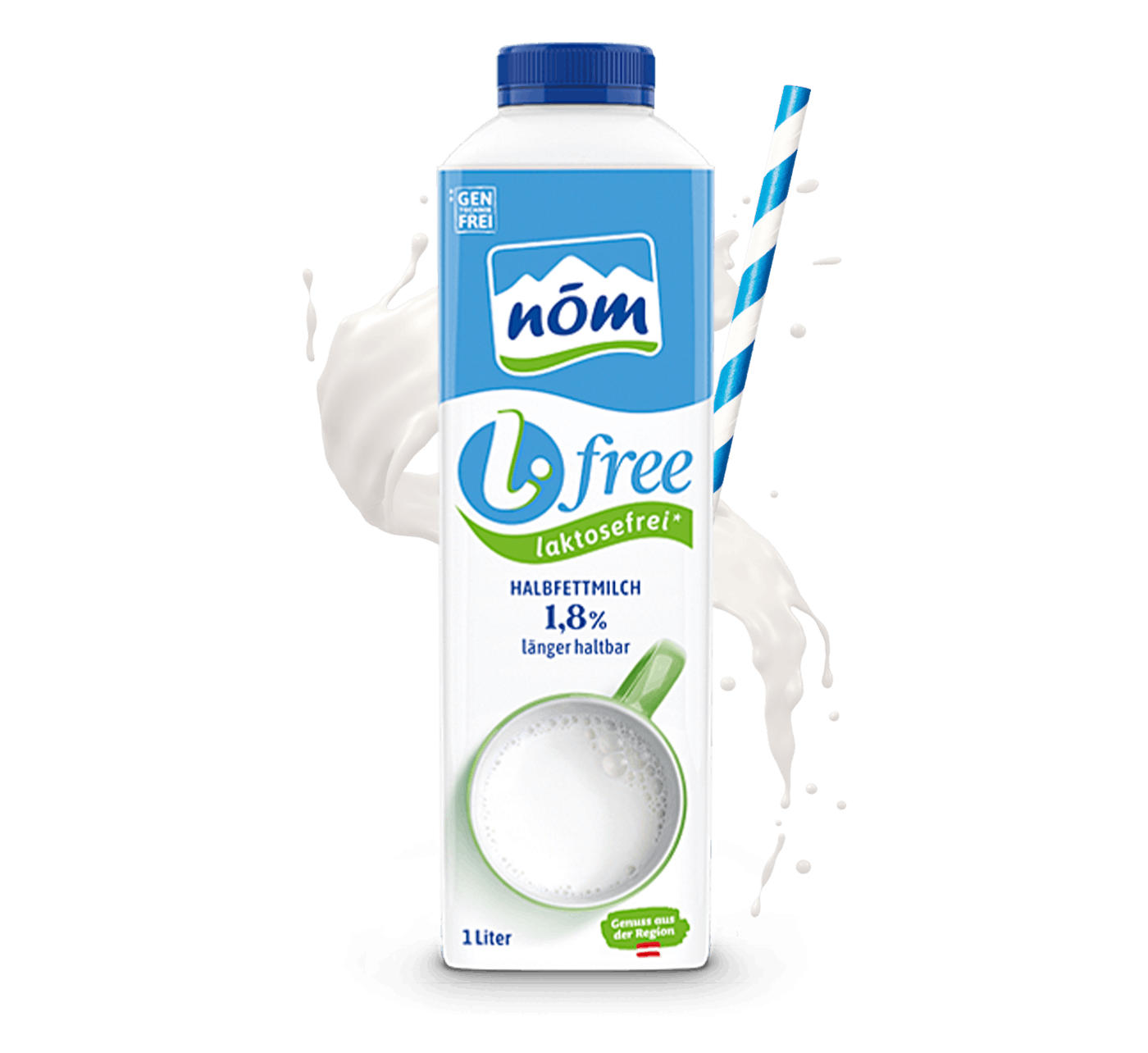 NÖM l.free Halbfettmilch laktosefreie im 1 Liter Tetra Pak mit Milchsplash NÖM l.free Halbfettmilch laktosefreie im 1 Liter Tetra Pak mit Milchsplash