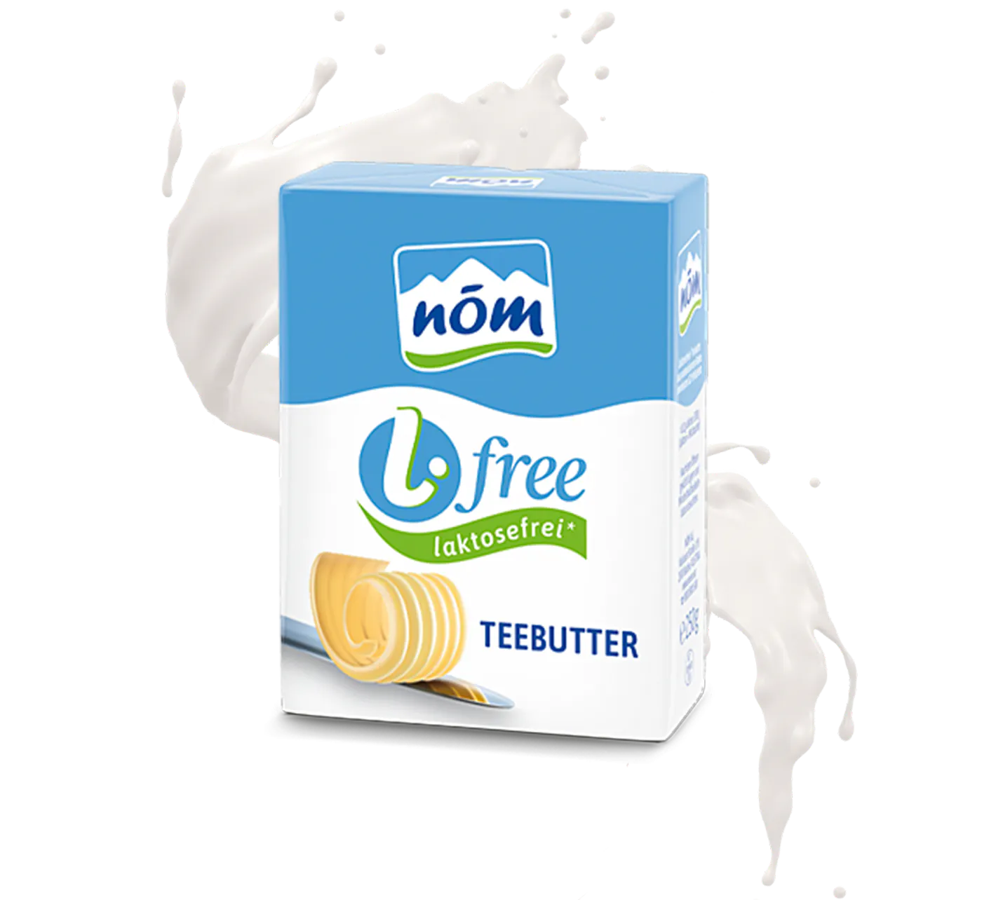 NÖM l.free Teebutter Verpackung umgeben von einem Milchsplash – Abbildung eines Butterröllchens auf Messer und Hinweis auf Laktosefreiheit