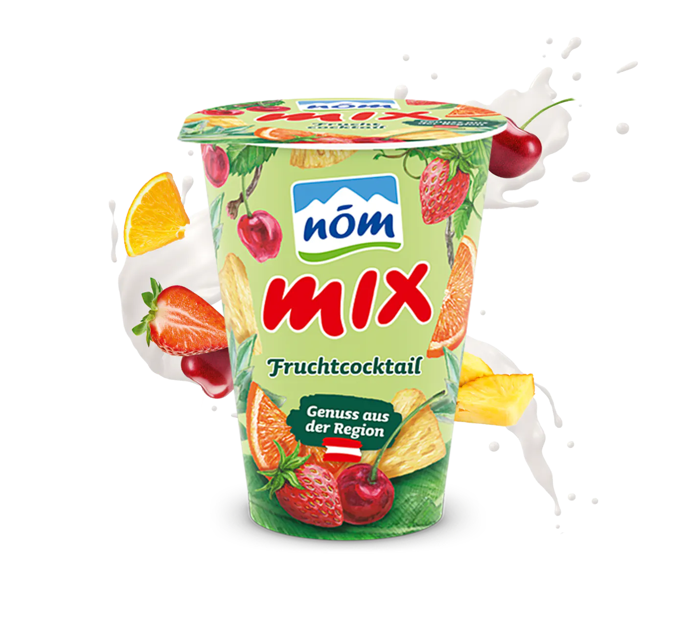 NÖM mix Fruchtcocktail mit gezeichneten Früchten und Swirl