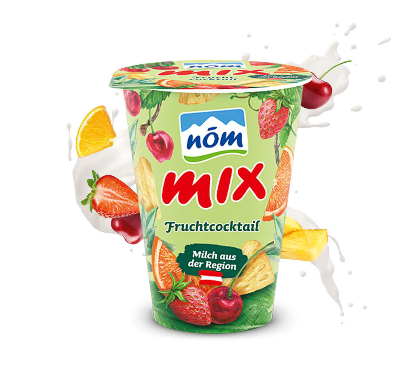 NÖM mix Fruchtcocktail mit gezeichneten Früchten und Swirl NÖM mix Fruchtcocktail mit gezeichneten Früchten und Swirl