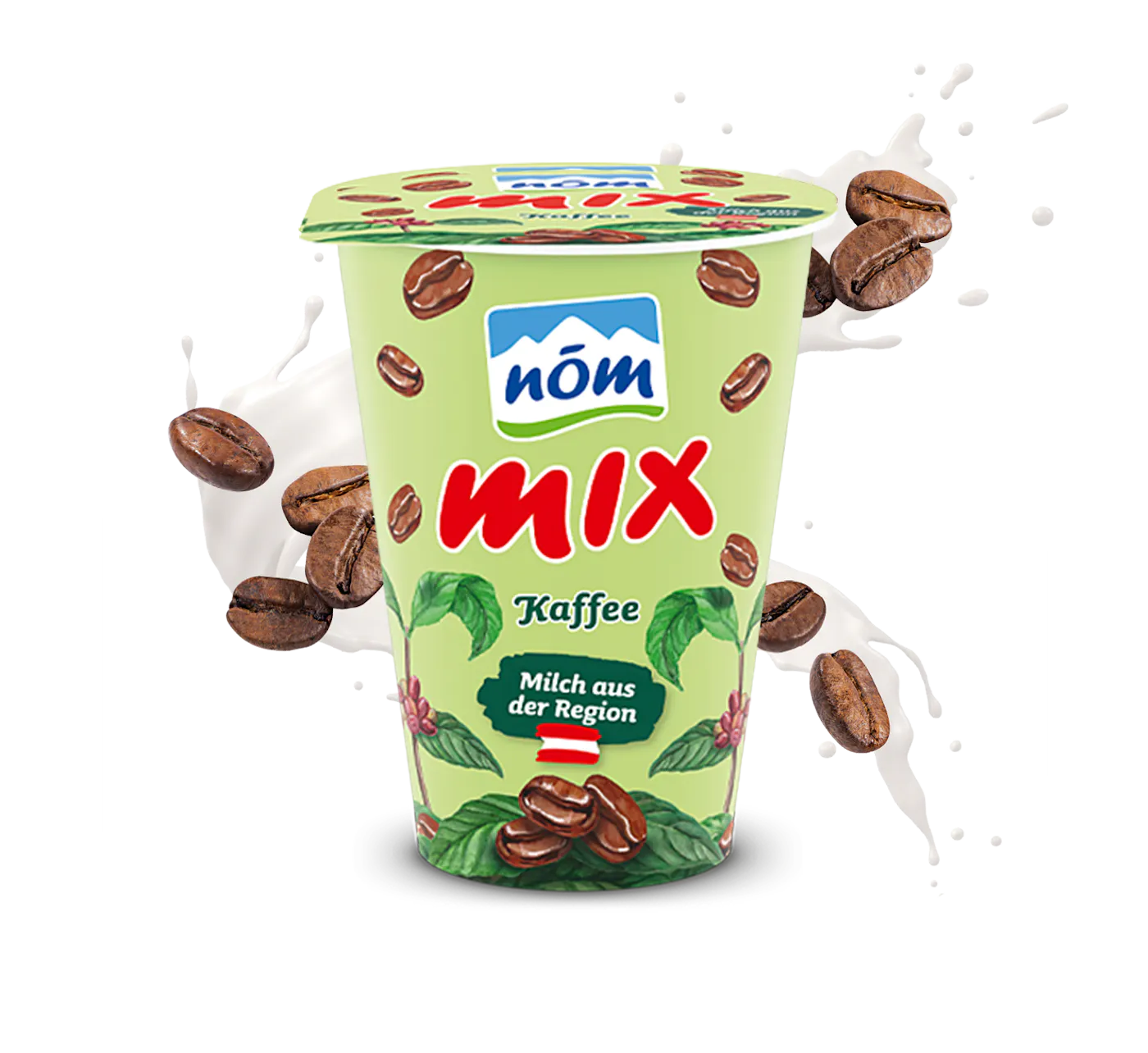 NÖM mix Kaffee mit gezeichneten Kaffeebohnen mit Swirl